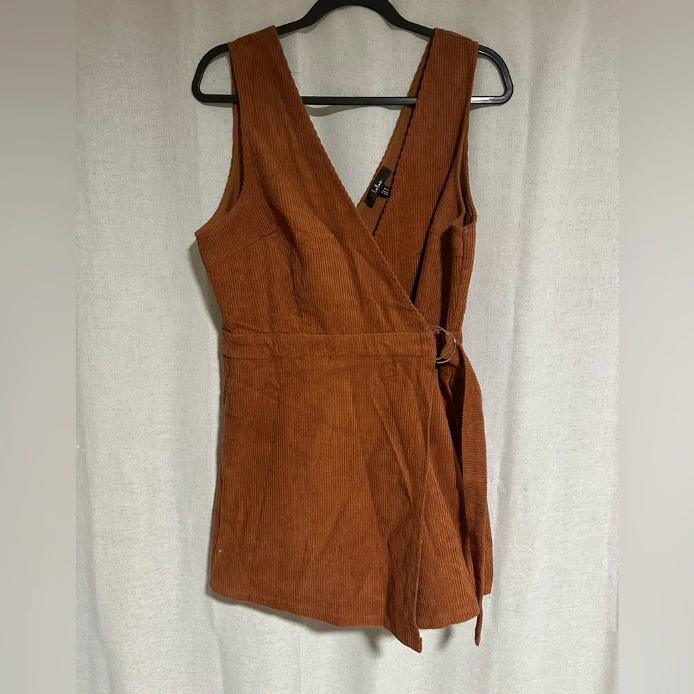 NWOT LULUS Absolutely Cute Rust Orange Corduroy Faux-Wrap Skort Romper - Picture 5 of 8